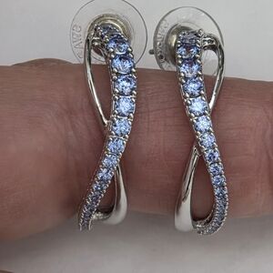 Silver Plate and Blue Crystal Swarovski Hoop Earrings And Logo Swarovski